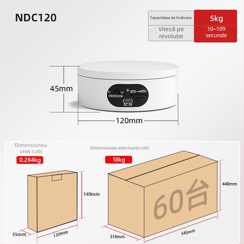 Turntable king Platformă fotografică rotativă electrică ND120 – Carcasă din plastic, capacitate de încărcare 2–5 kg, pentru filmări și prezentări