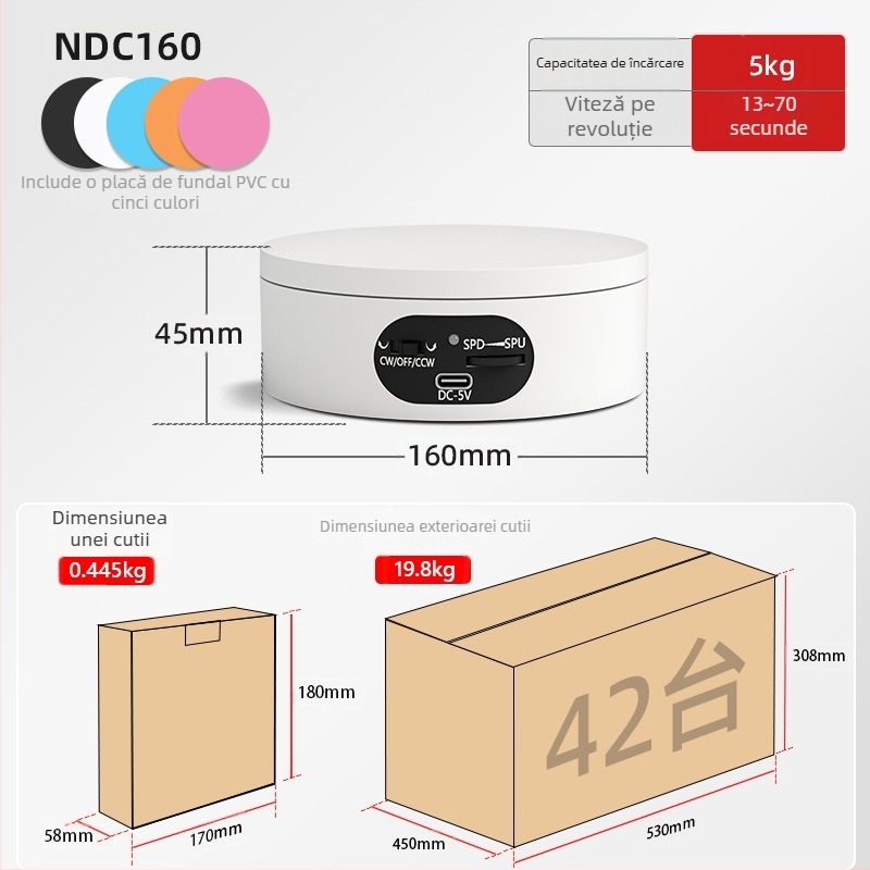 Turntable king Platformă fotografică rotativă electrică ND120 – Carcasă din plastic, capacitate de încărcare 2–5 kg, pentru filmări și prezentări