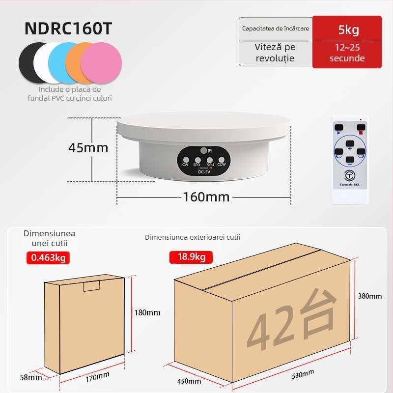 Turntable king Platformă fotografică rotativă electrică ND120 – Carcasă din plastic, capacitate de încărcare 2–5 kg, pentru filmări și prezentări
