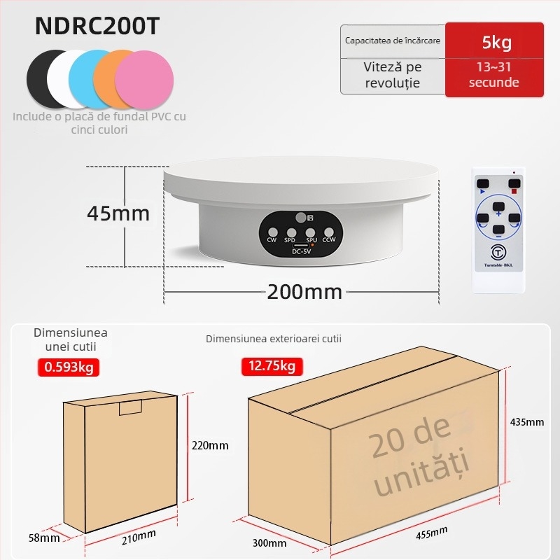 Turntable king Platformă fotografică rotativă electrică ND120 – Carcasă din plastic, capacitate de încărcare 2–5 kg, pentru filmări și prezentări