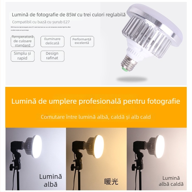 Lumină LED de fill pentru streaming live și fotografie, 85W, 220V, sursă LED, soclu E14, rază de 3m