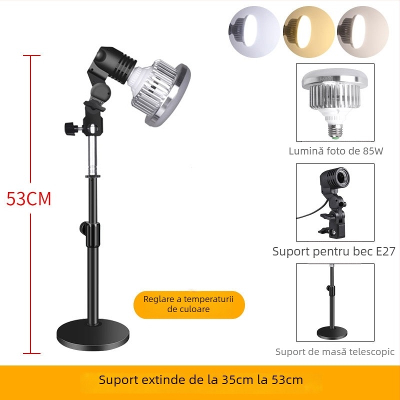 Lumină LED de fill pentru streaming live și fotografie, 85W, 220V, sursă LED, soclu E14, rază de 3m