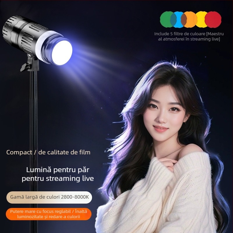 Lumină de înfrumusețare pentru streaming live cu fill light pentru păr, iluminare spot și contur, temperatură a culorii multicoloră, sursă de alimentare independentă, luminozitate reglabilă