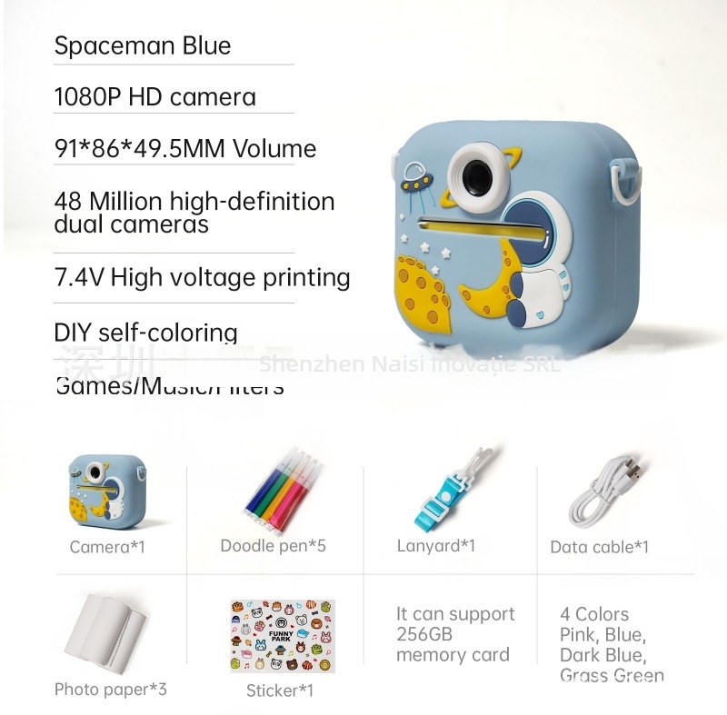 Cameră pentru copii cu imprimare – model P9, 48MP, ecran LCD 2,4'', card TF, corp ABS+ silica gel, autonomie baterie 1–2 ore