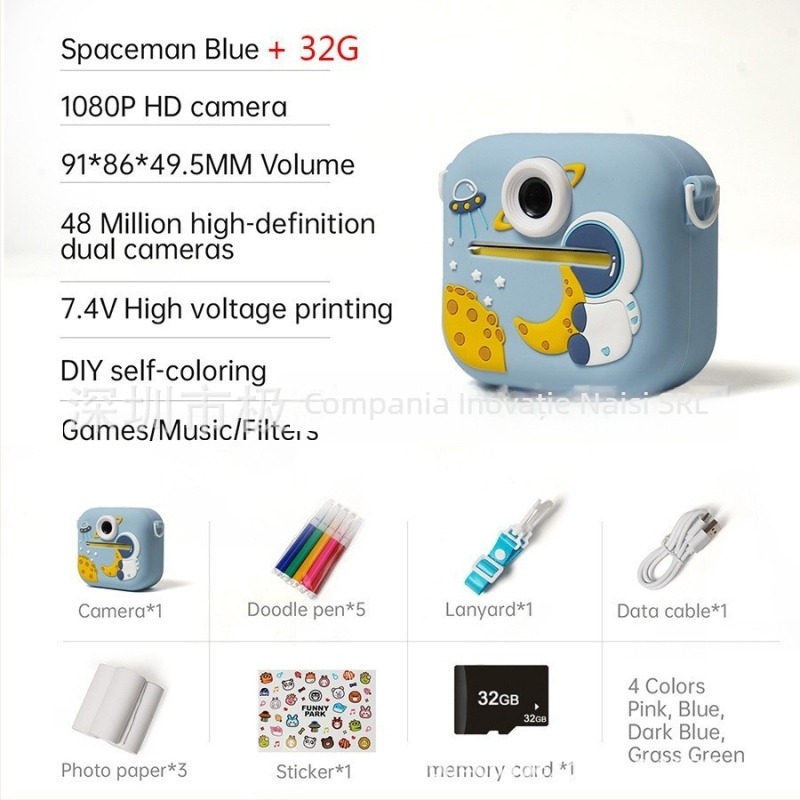 Cameră pentru copii cu imprimare – model P9, 48MP, ecran LCD 2,4'', card TF, corp ABS+ silica gel, autonomie baterie 1–2 ore