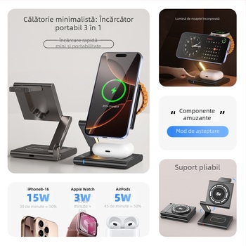 Încărcător wireless magnetic 3 în 1 pentru Apple iPhone Qi2 PD Fast Charging, 23W total (Telefon 15W / Căști 5W / Ceas 2,5W)