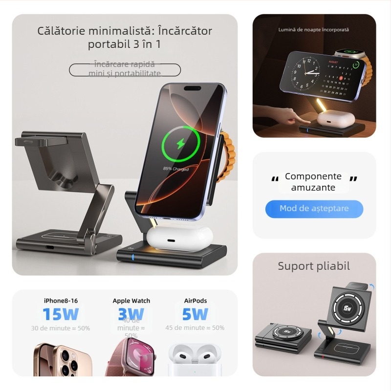 Încărcător wireless magnetic 3 în 1 pentru Apple iPhone Qi2 PD Fast Charging, 23W total (Telefon 15W / Căști 5W / Ceas 2,5W)