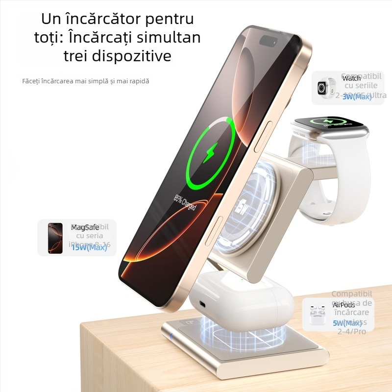 Încărcător wireless magnetic 3 în 1 pentru Apple iPhone Qi2 PD Fast Charging, 23W total (Telefon 15W / Căști 5W / Ceas 2,5W)