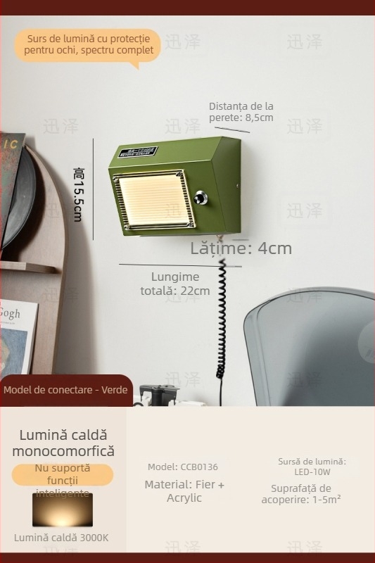 Lampă de perete cu abajur acrilic, sursă LED, corp din fier, 220V, întrerupător cu buton, stil medieval