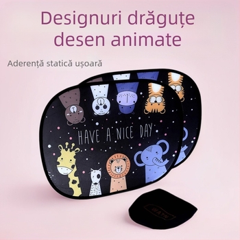 Parasolar pentru geamuri auto, material PVC+ plasă; instalare cu bandă adezivă; stil desen animat; imprimare logo disponibilă; personalizare începând de la 300 de bucăți