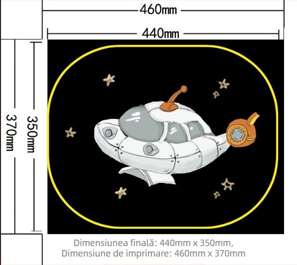 Parasolar pentru geamuri auto, material PVC+ plasă; instalare cu bandă adezivă; stil desen animat; imprimare logo disponibilă; personalizare începând de la 300 de bucăți