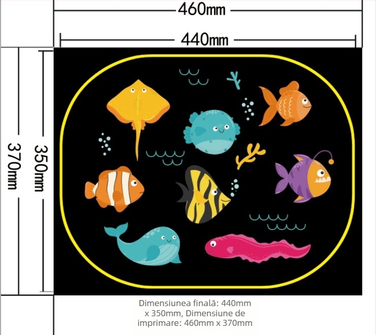 Parasolar pentru geamuri auto, material PVC+ plasă; instalare cu bandă adezivă; stil desen animat; imprimare logo disponibilă; personalizare începând de la 300 de bucăți