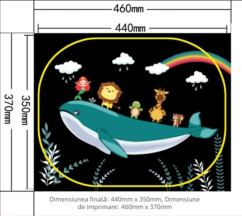 Parasolar pentru geamuri auto, material PVC+ plasă; instalare cu bandă adezivă; stil desen animat; imprimare logo disponibilă; personalizare începând de la 300 de bucăți