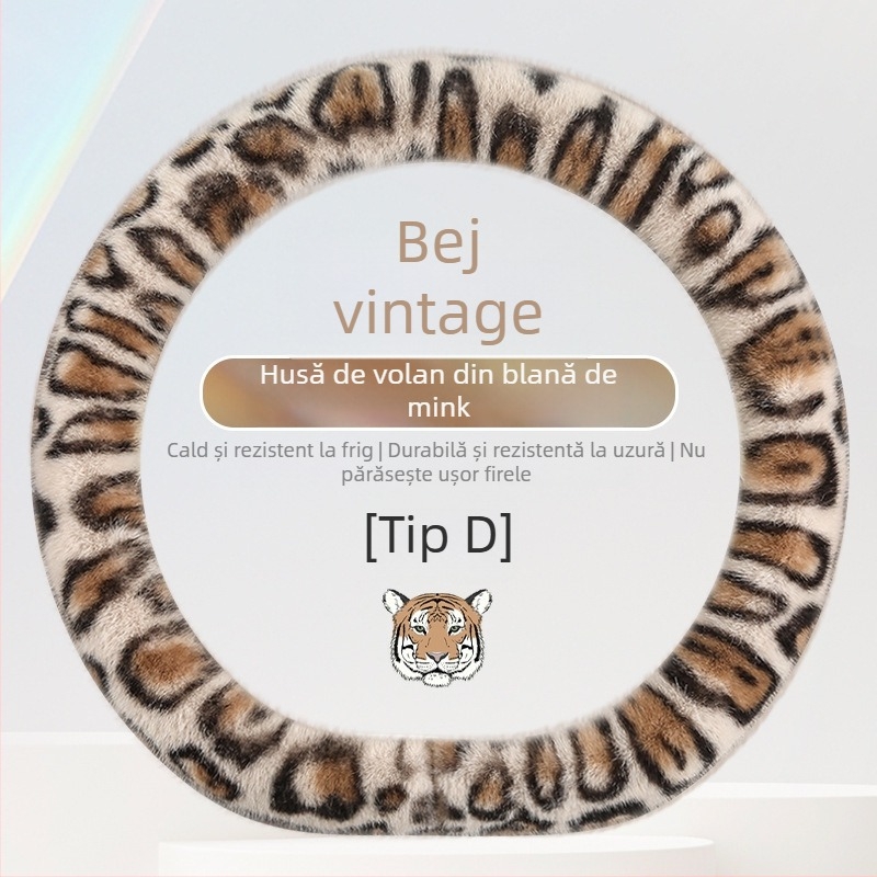 Husă pentru volan din pluș pentru iarnă, imprimeu leopard, potrivire universală, anti-derapant, durabilă