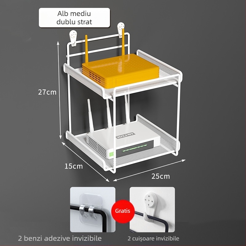 Raft de montat pe perete pentru router, fier forjat, două niveluri, fără găuri, pliabil și mobil