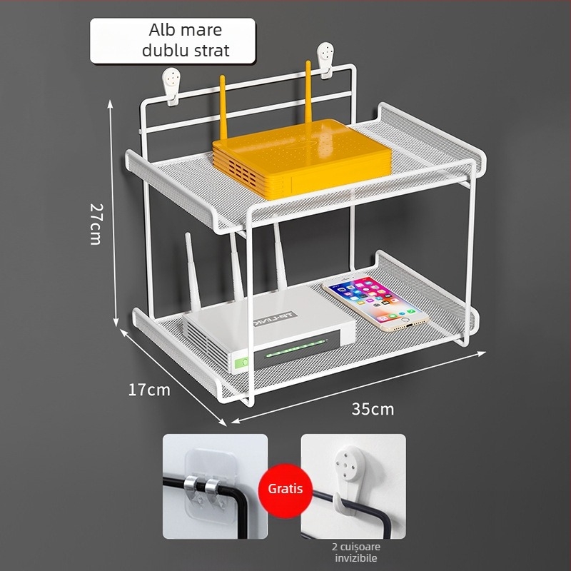 Raft de montat pe perete pentru router, fier forjat, două niveluri, fără găuri, pliabil și mobil
