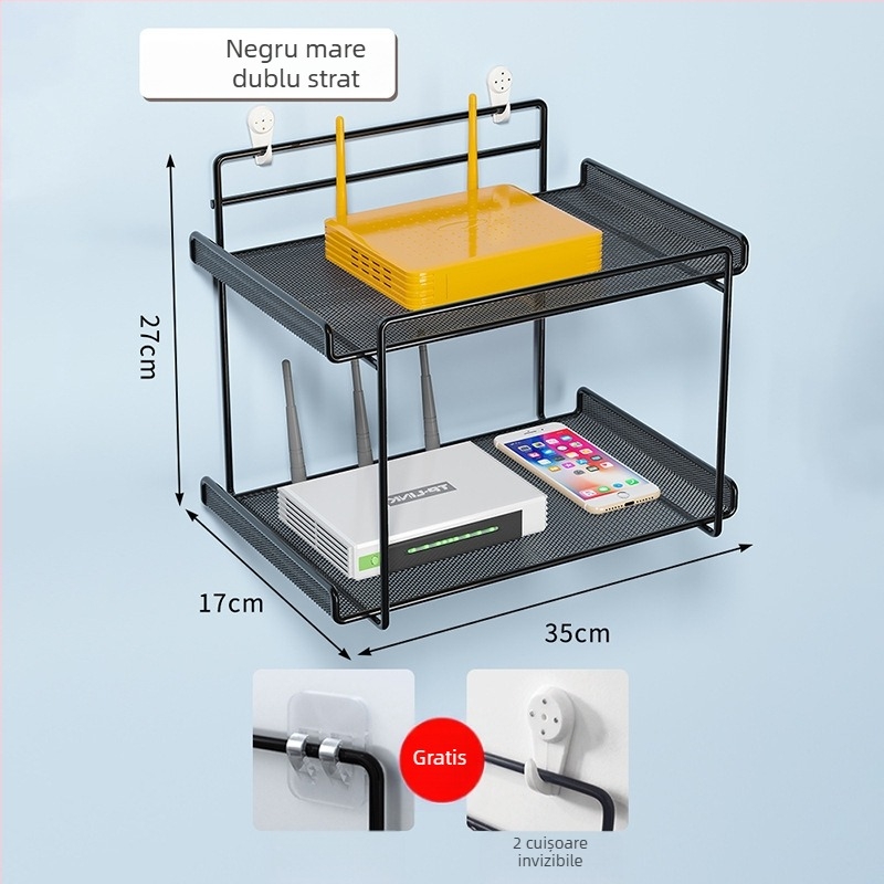 Raft de montat pe perete pentru router, fier forjat, două niveluri, fără găuri, pliabil și mobil