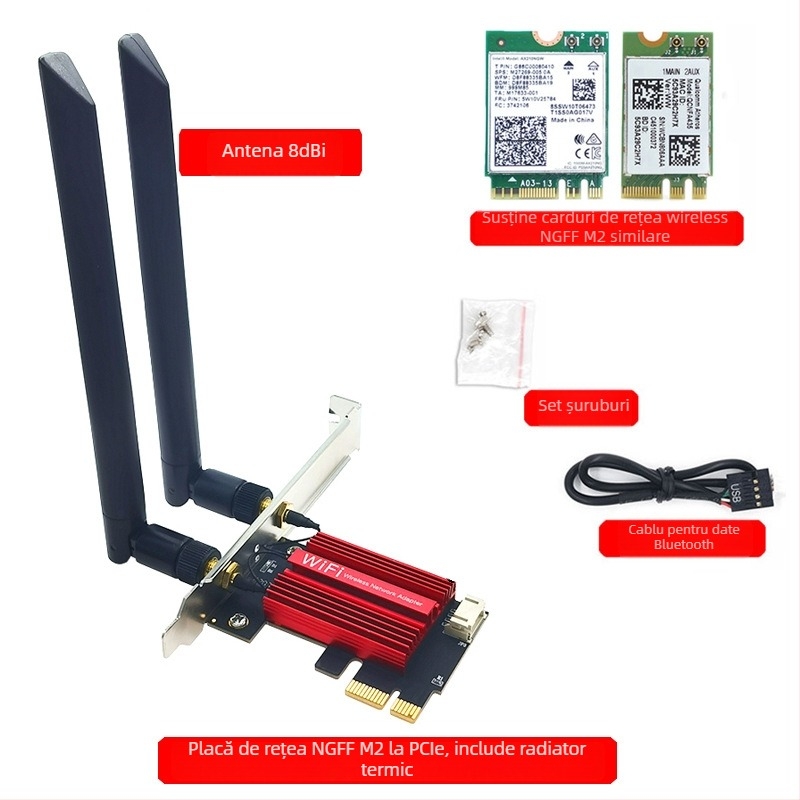 WTXUP NGFF M.2 la PCIe adaptor pentru card de rețea wireless, compatibil cu 7260/8265/1650/1675X/AX200/AX210; include: placă de transfer, capac de protecție, cablu de conectare, șuruburi, cablu Bluetooth, antenă; cardul wireless nu este inclus