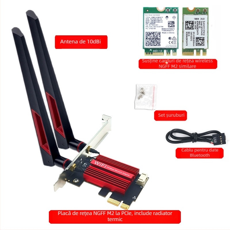 WTXUP NGFF M.2 la PCIe adaptor pentru card de rețea wireless, compatibil cu 7260/8265/1650/1675X/AX200/AX210; include: placă de transfer, capac de protecție, cablu de conectare, șuruburi, cablu Bluetooth, antenă; cardul wireless nu este inclus