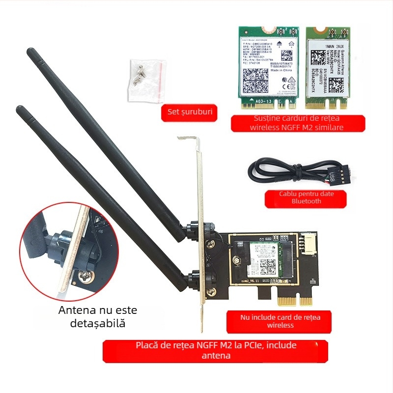 WTXUP NGFF M.2 la PCIe adaptor pentru card de rețea wireless, compatibil cu 7260/8265/1650/1675X/AX200/AX210; include: placă de transfer, capac de protecție, cablu de conectare, șuruburi, cablu Bluetooth, antenă; cardul wireless nu este inclus