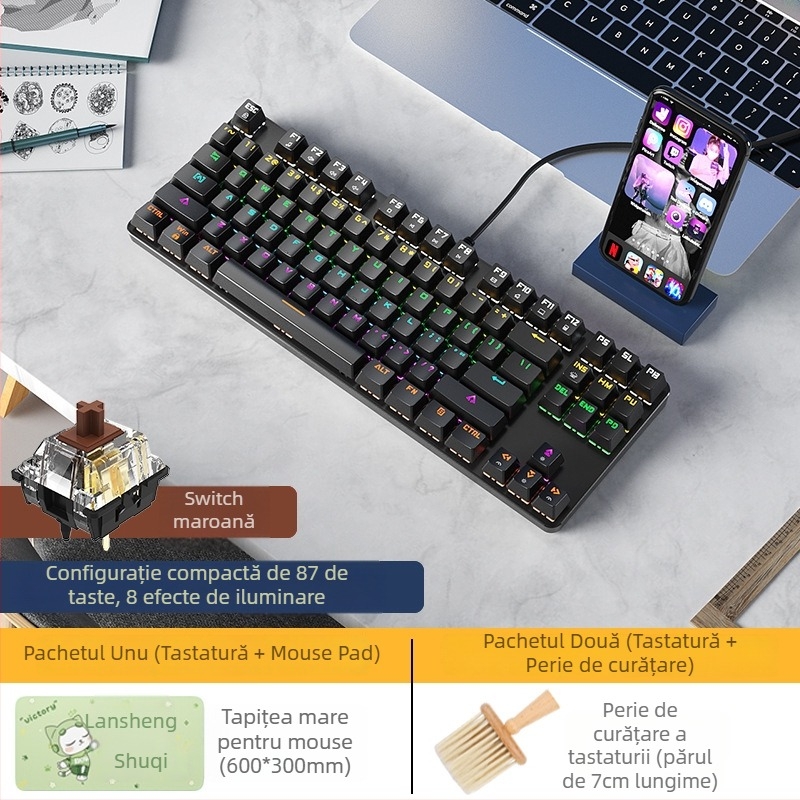 BOW Tastatură Mecanică cu Tea Switch, Hot-Swap, 87 Taste, USB Cablată, pentru Desktop și Notebook