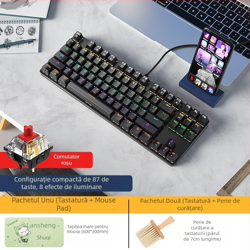 BOW Tastatură Mecanică cu Tea Switch, Hot-Swap, 87 Taste, USB Cablată, pentru Desktop și Notebook