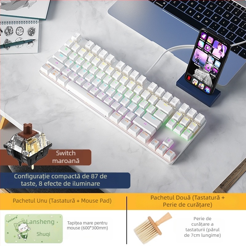 BOW Tastatură Mecanică cu Tea Switch, Hot-Swap, 87 Taste, USB Cablată, pentru Desktop și Notebook