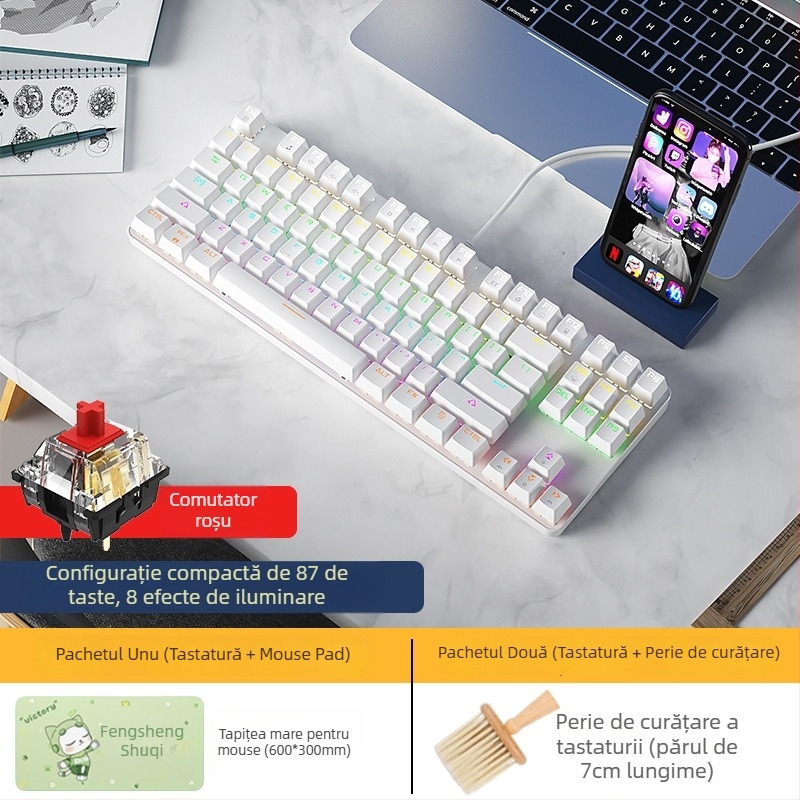 BOW Tastatură Mecanică cu Tea Switch, Hot-Swap, 87 Taste, USB Cablată, pentru Desktop și Notebook