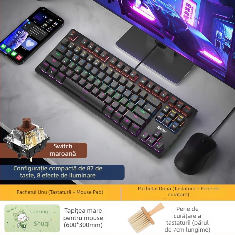 BOW Tastatură Mecanică cu Tea Switch, Hot-Swap, 87 Taste, USB Cablată, pentru Desktop și Notebook