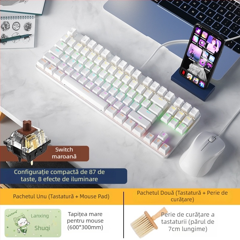 BOW Tastatură Mecanică cu Tea Switch, Hot-Swap, 87 Taste, USB Cablată, pentru Desktop și Notebook