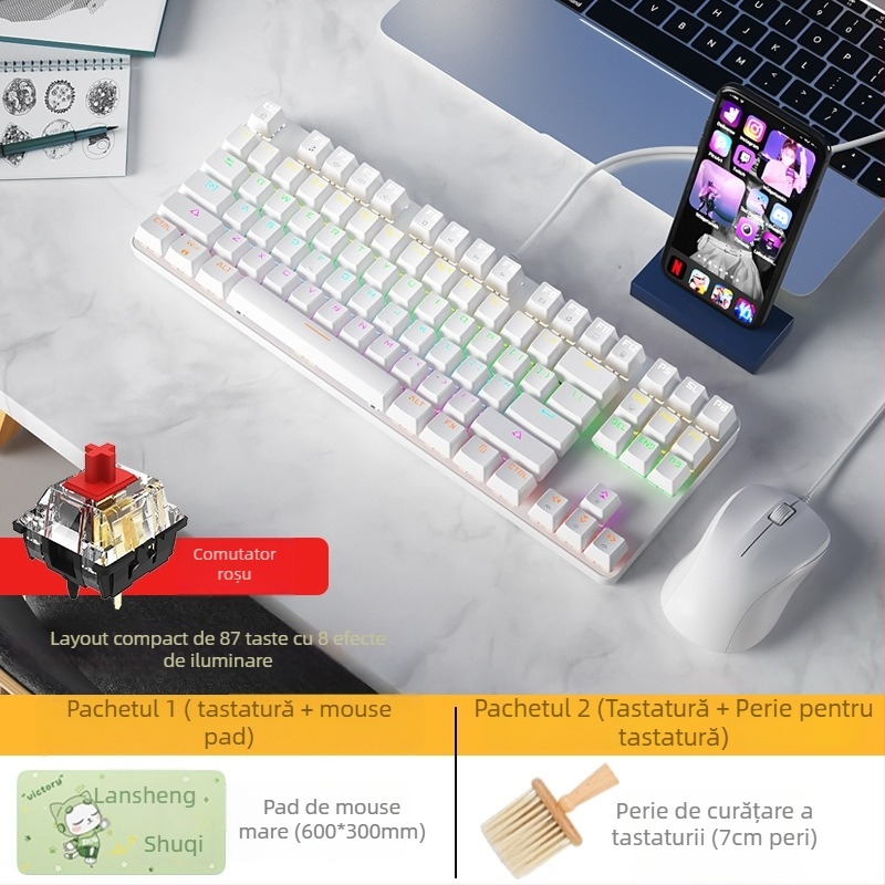 BOW Tastatură Mecanică cu Tea Switch, Hot-Swap, 87 Taste, USB Cablată, pentru Desktop și Notebook