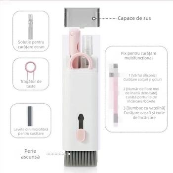 Set de curățare pentru tastatură 7 în 1, cu extractor de taste, unelte pentru curățarea ecranului telefonului și a căștilor Bluetooth – ABS, 90 g, compatibil cu laptop, set universal de curățare