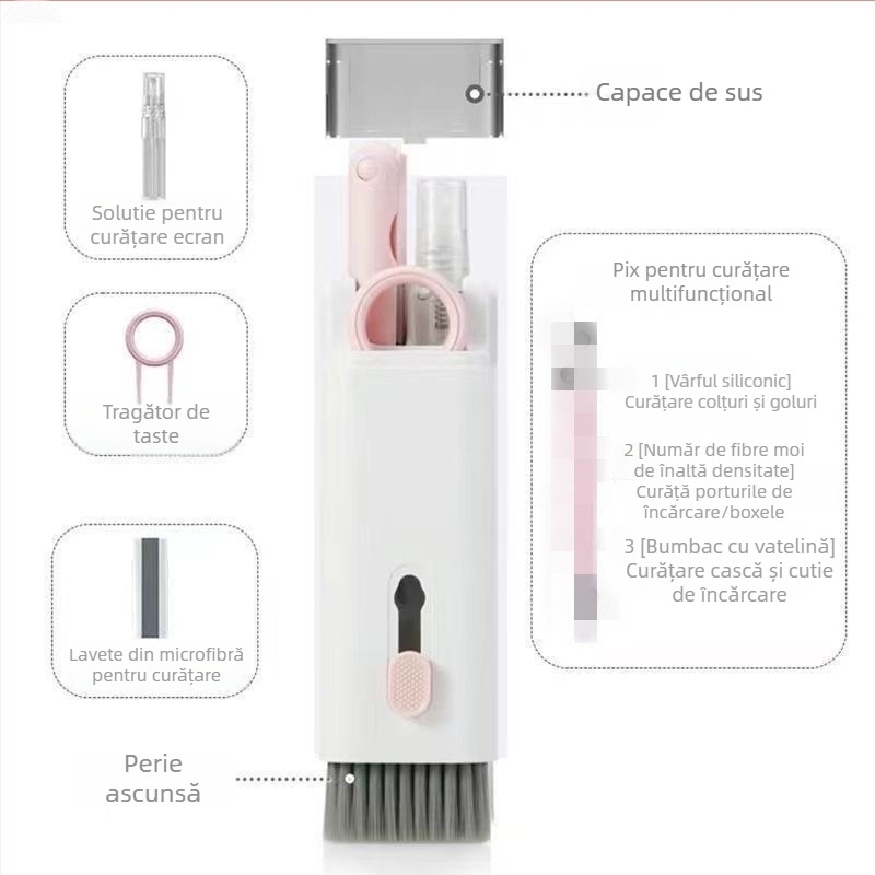 Set de curățare pentru tastatură 7 în 1, cu extractor de taste, unelte pentru curățarea ecranului telefonului și a căștilor Bluetooth – ABS, 90 g, compatibil cu laptop, set universal de curățare