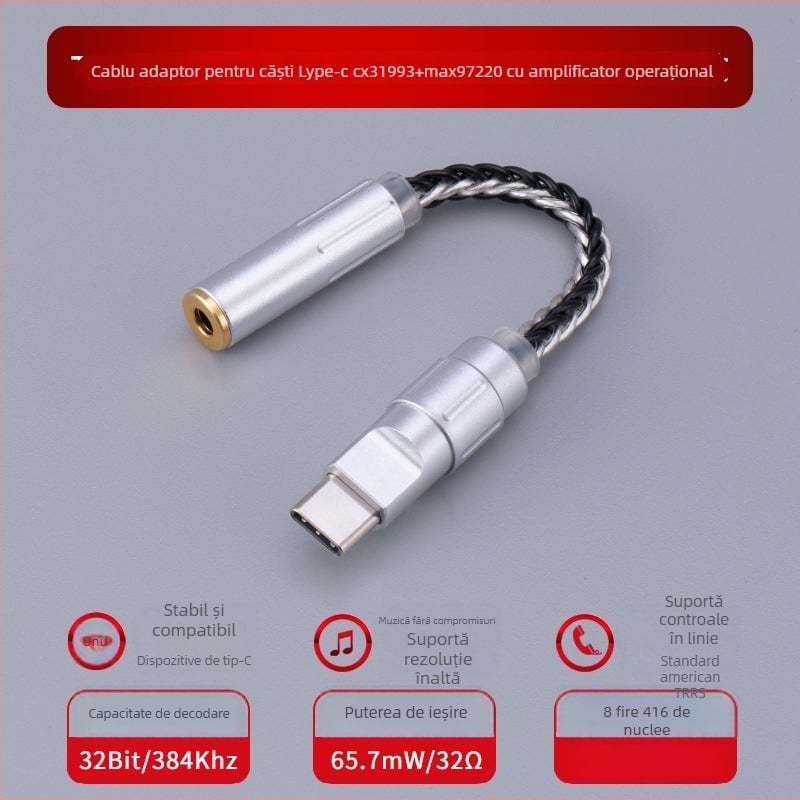 Bartok LY03 DAC audio cu amplificator – adaptor Type-C pentru telefon mobil, compatibil cu Huawei, Samsung, Xiaomi și iPhone 15/16 (CX31993, MAX97220 amplificatoare op-amp)