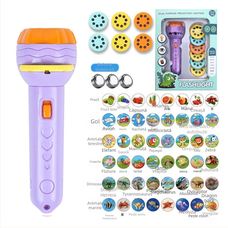 Jucărie cu proiecție – lanternă pentru educație timpurie, cu recunoaștere de forme și învățarea numerelor; construcție din plastic.