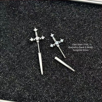 Cercei din oțel titan cu accente de zirconiu, formă de floare, stil lux discret