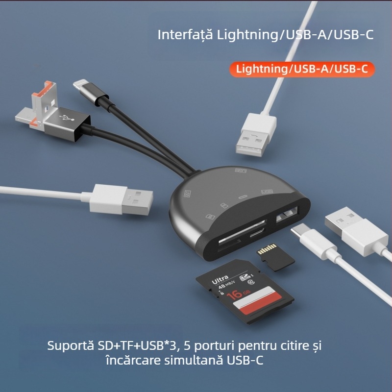 NK-1055TL Pro Cititor de carduri cu conectori multipli: USB-C, Lightning, USB-A, SD/TF