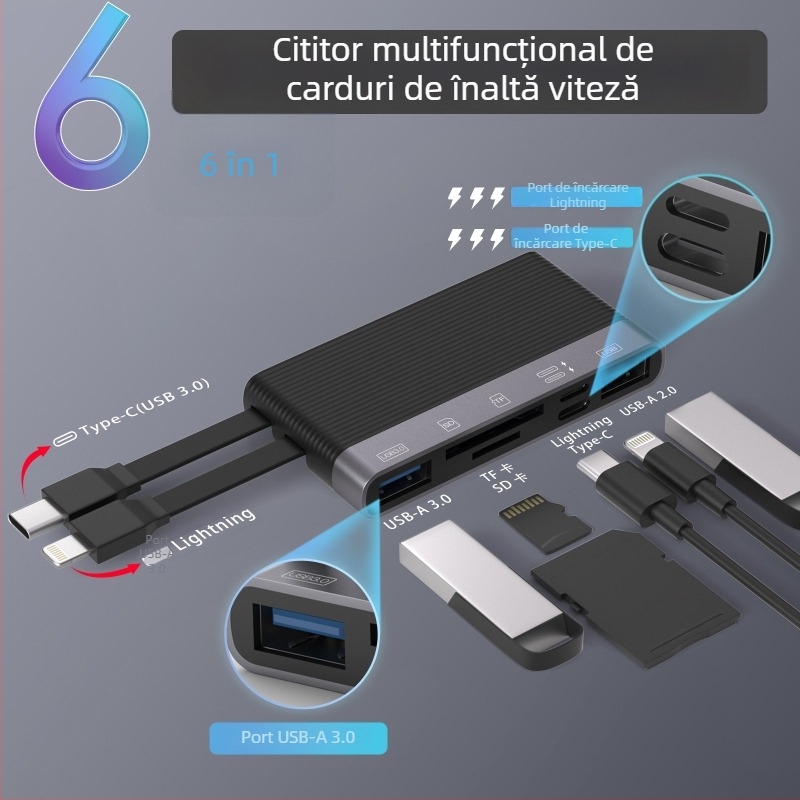 NK-1055TL Pro Cititor de carduri cu conectori multipli: USB-C, Lightning, USB-A, SD/TF