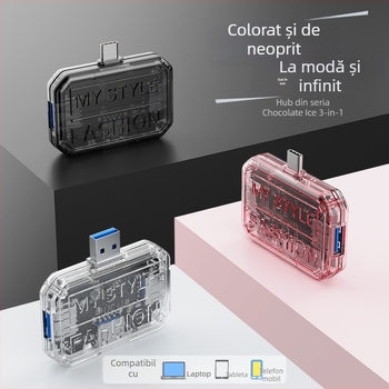 Stație docking USB-C 3-in-1, carcasă transparentă, hub cu 3 porturi, USB 3.0, 5Gbps, alimentare prin bus