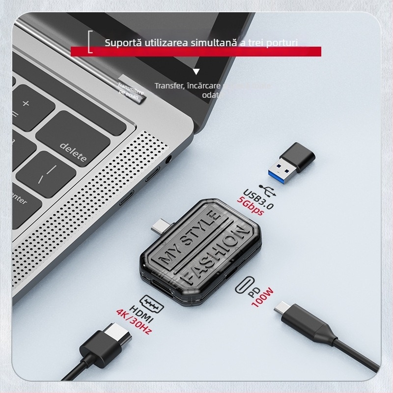 Stație docking USB-C 3-in-1, carcasă transparentă, hub cu 3 porturi, USB 3.0, 5Gbps, alimentare prin bus