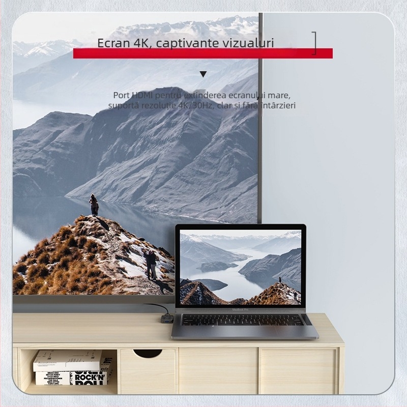 Stație docking USB-C 3-in-1, carcasă transparentă, hub cu 3 porturi, USB 3.0, 5Gbps, alimentare prin bus