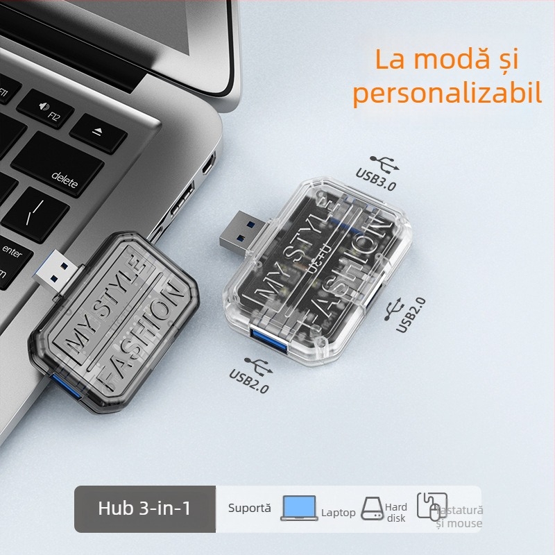 Stație docking USB-C 3-in-1, carcasă transparentă, hub cu 3 porturi, USB 3.0, 5Gbps, alimentare prin bus