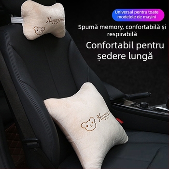 Set perne auto pentru cap și gât (pereche) – model cu animale, exterior pluș artificial, spumă cu memorie la interior
