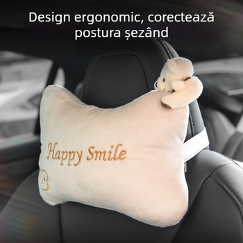 Set perne auto pentru cap și gât (pereche) – model cu animale, exterior pluș artificial, spumă cu memorie la interior