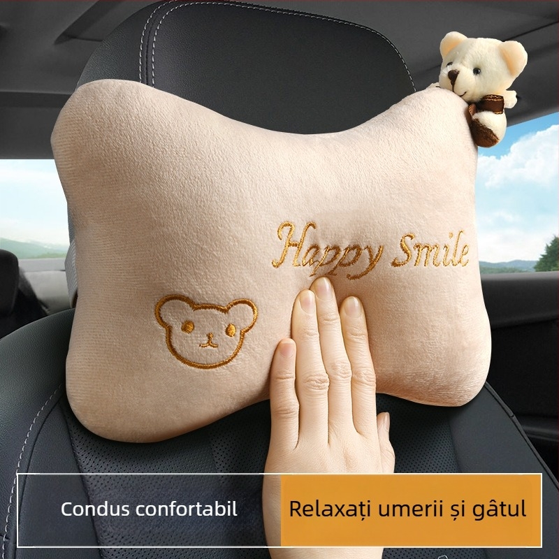 Set perne auto pentru cap și gât (pereche) – model cu animale, exterior pluș artificial, spumă cu memorie la interior