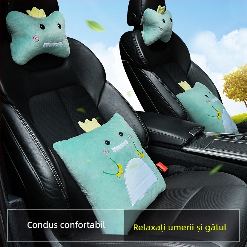 Set perne auto pentru cap și gât (pereche) – model cu animale, exterior pluș artificial, spumă cu memorie la interior
