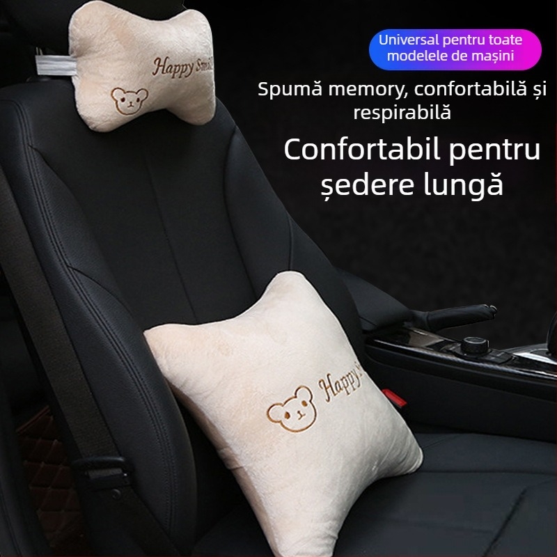 Set perne auto pentru cap și gât (pereche) – model cu animale, exterior pluș artificial, spumă cu memorie la interior