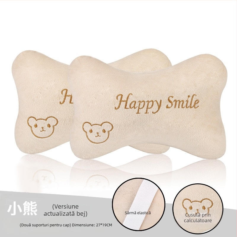 Set perne auto pentru cap și gât (pereche) – model cu animale, exterior pluș artificial, spumă cu memorie la interior