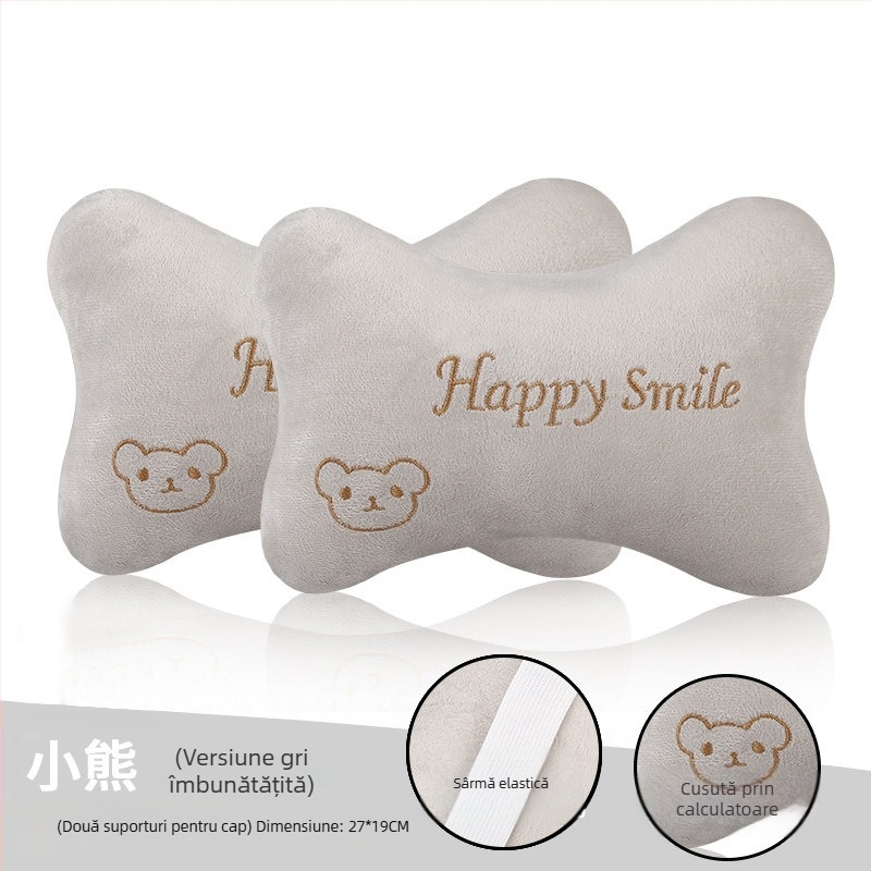 Set perne auto pentru cap și gât (pereche) – model cu animale, exterior pluș artificial, spumă cu memorie la interior