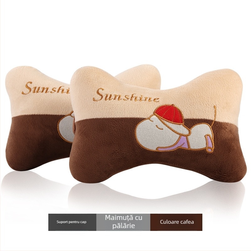 Set perne auto pentru cap și gât (pereche) – model cu animale, exterior pluș artificial, spumă cu memorie la interior